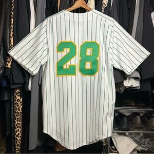 Vintage Delong Green and White Striped Baseball Jersey